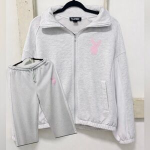 Grey Zip-up Playboy Hoodie + Grey Matching Playboy Sweatpants